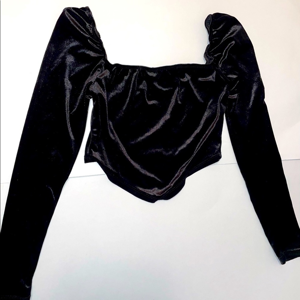 Long Sleeve Faux velvet Black crop top